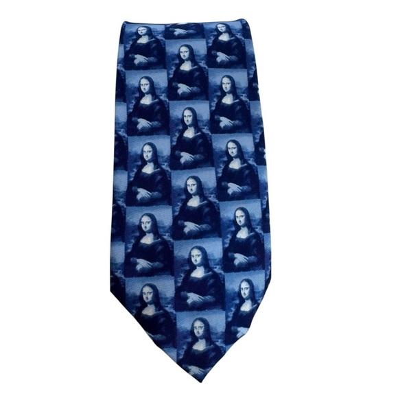 Reflets D’Art Other - Mona Lisa Silk Neck Tie Blue Novelty Academia Office Business Teacher
